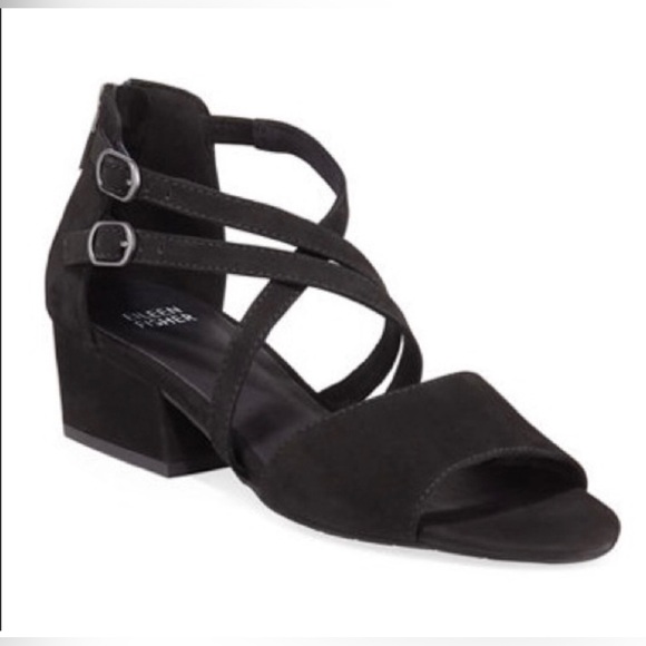 NEW Eileen Fisher Kyra Black Nubuck Block Heel Sandals 7.5 - Picture 1 of 9